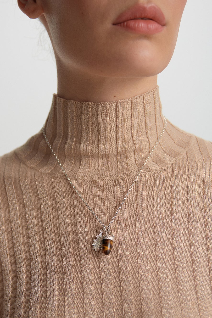 Acorn & Leaf Necklace with Tigers Eye Acorn 55cm