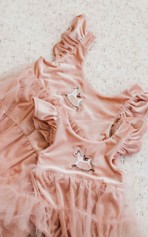 Christmas Pink Velvet Rocking Horse Playsuit/Dress PREORDER