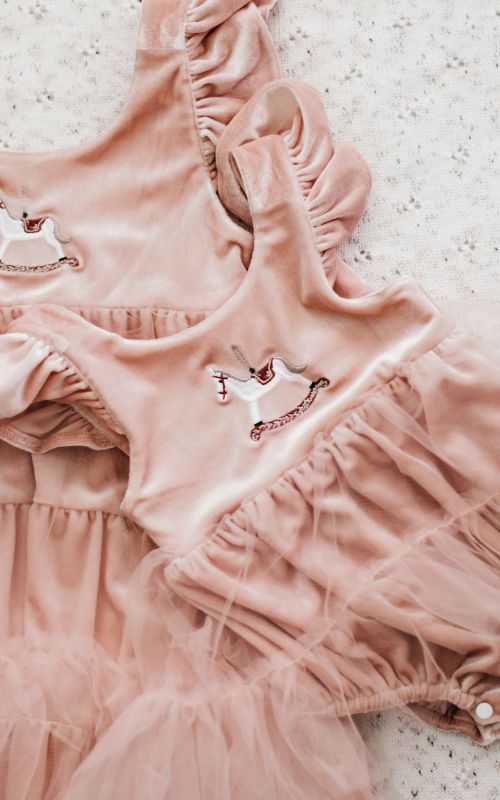 Christmas Pink Velvet Rocking Horse Playsuit/Dress PREORDER