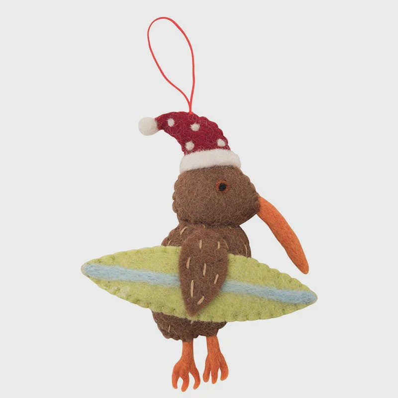 Pashom Christmas Decoration - Kiwi Bird w Surfboard