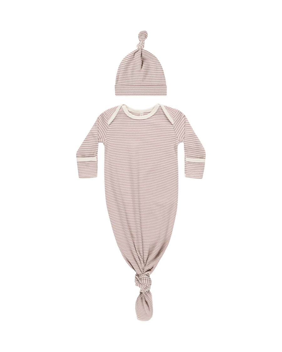 Knotted Baby Gown + Hat Set - Mauve Stripe O/S