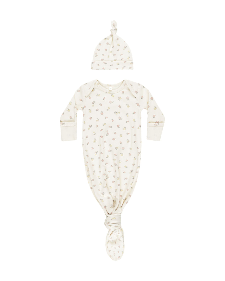 Knotted Baby Gown + Hat Set - Fleur - One Size