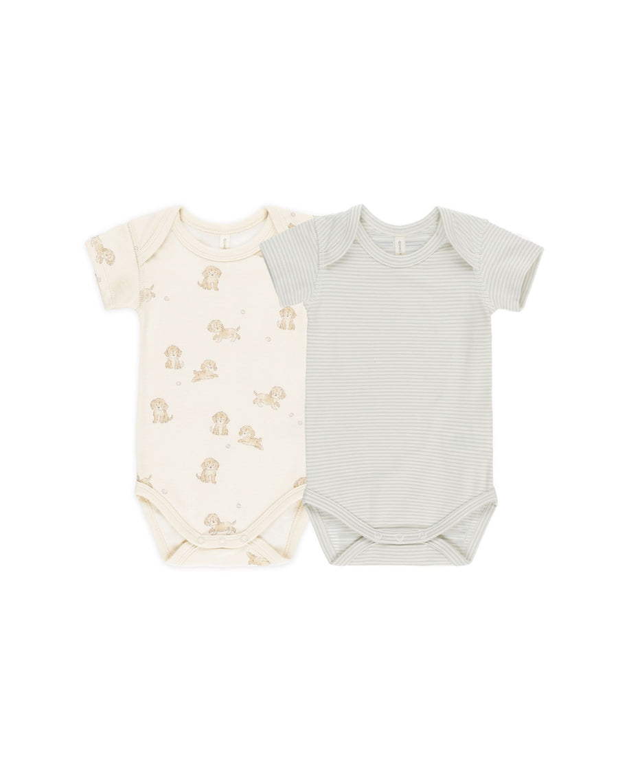 Short Sleeve Bodysuit, 2 Pack - Puppies + Blue Stripe