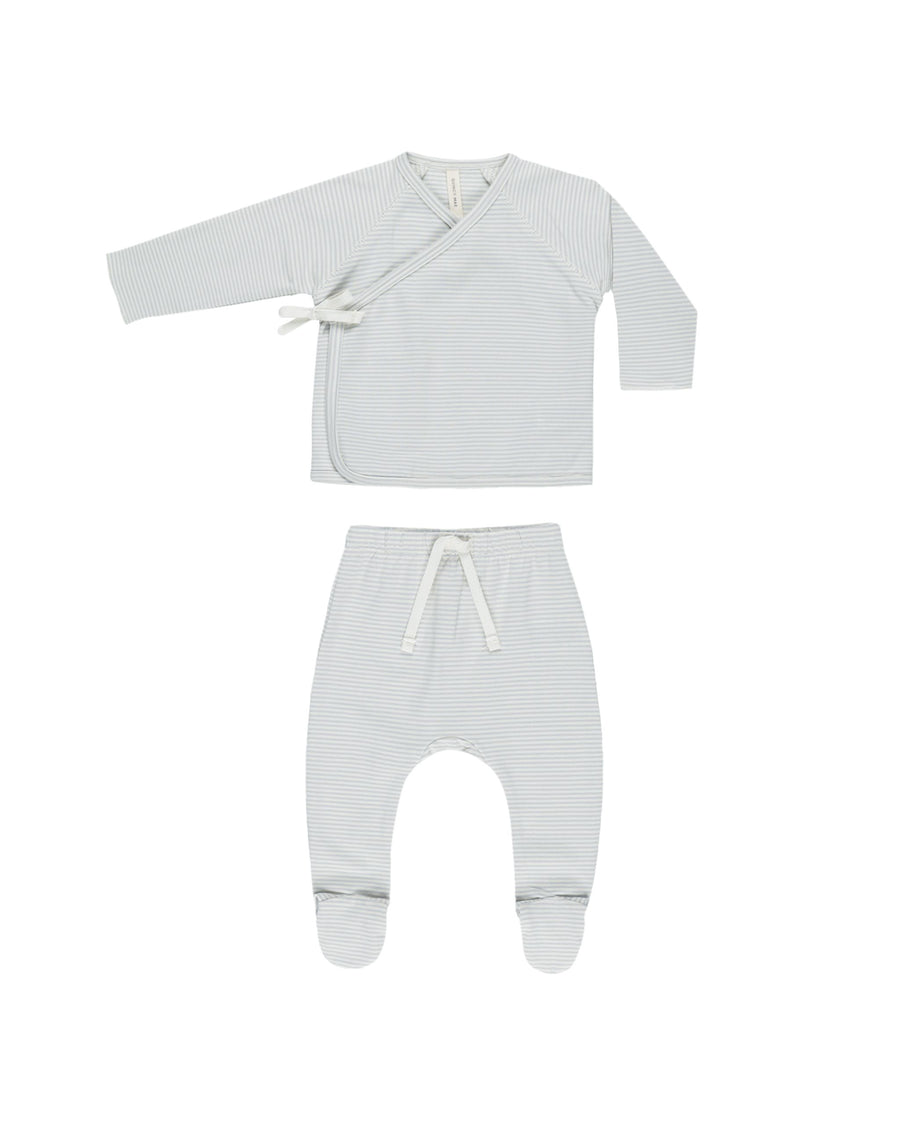 Wrap Top + Footed Pant Set - Sky Micro Stripe